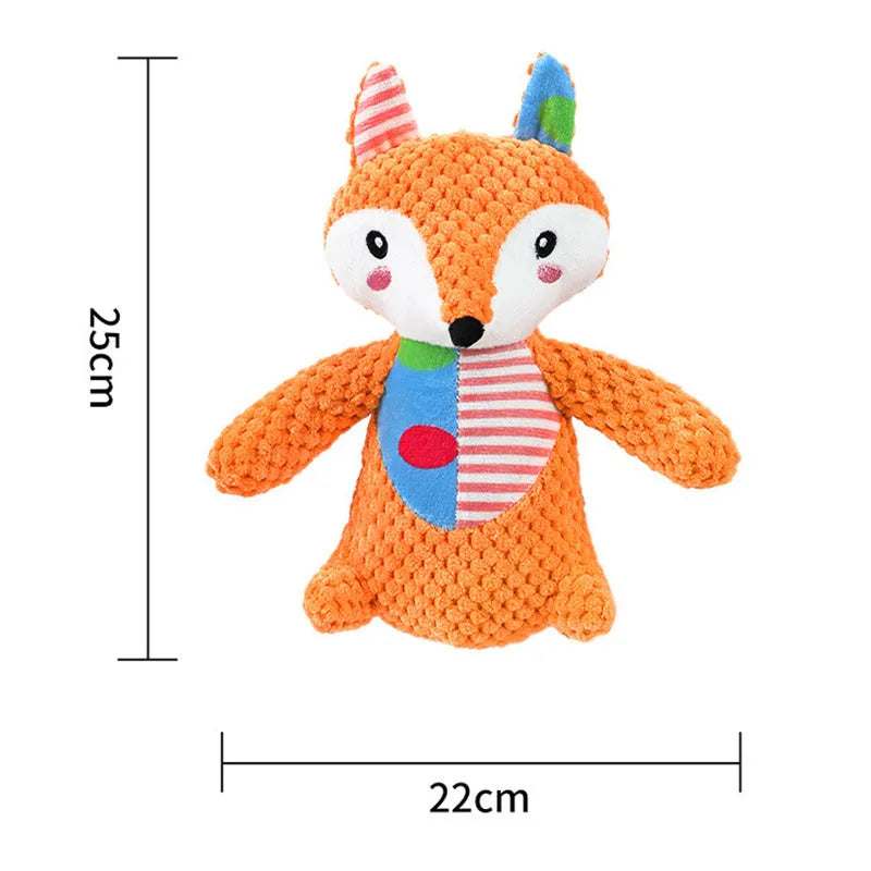 Interactive dog toy with squeaky and crinkly sounds, plush construction, available in Elephant Fox Rabbit styles