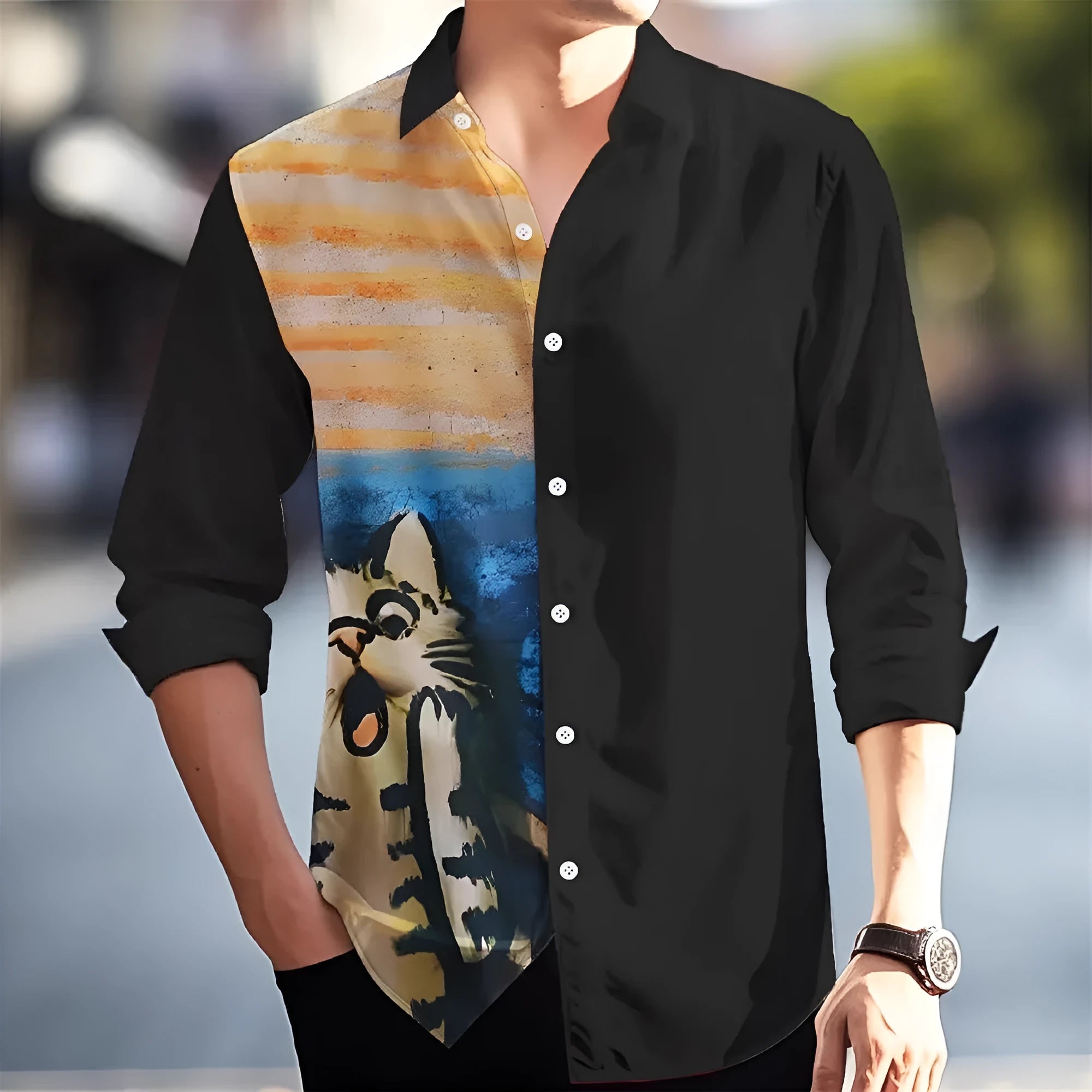 Man wearing a long sleeve Hawaiian shirt with a floral pattern, showcasing the loose fit and cardigan style.