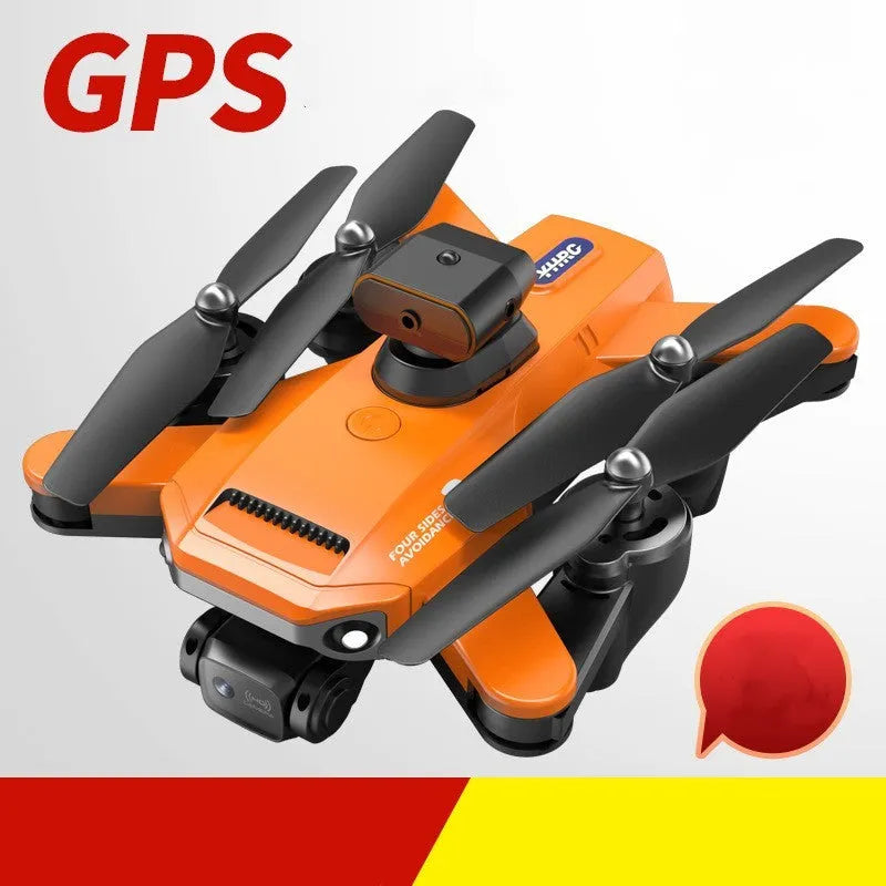 Quadcopter drone with 8K electric modulation lens and obstacle avoidance in black or orange colour