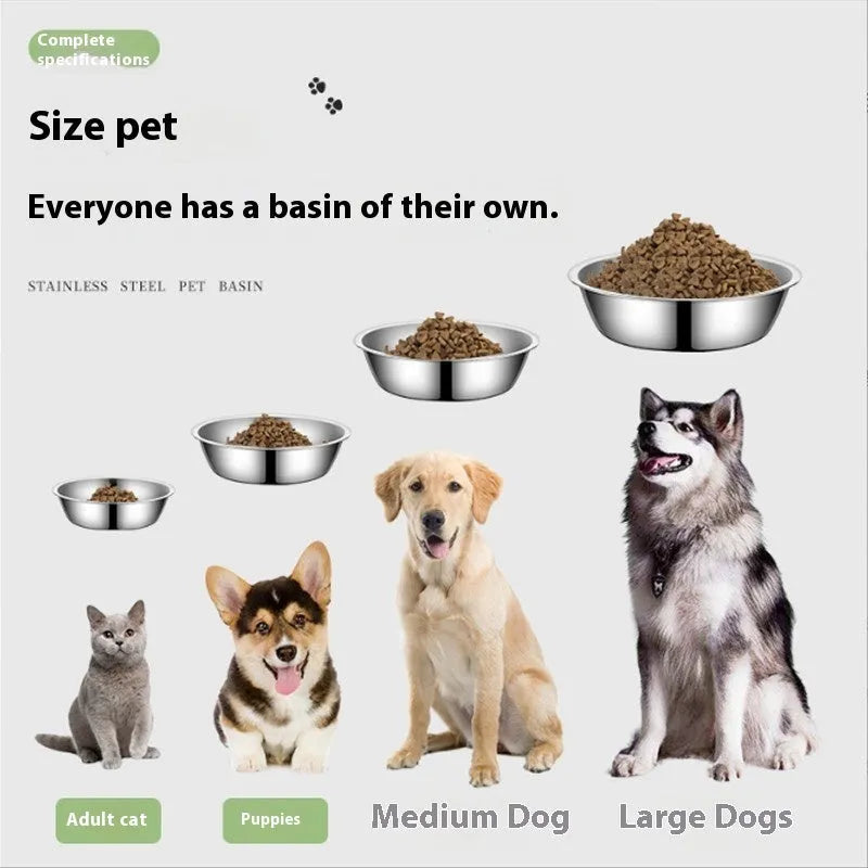 Stainless steel pet food bowl with grey silicone non-slip base, shown in multiple available sizes.