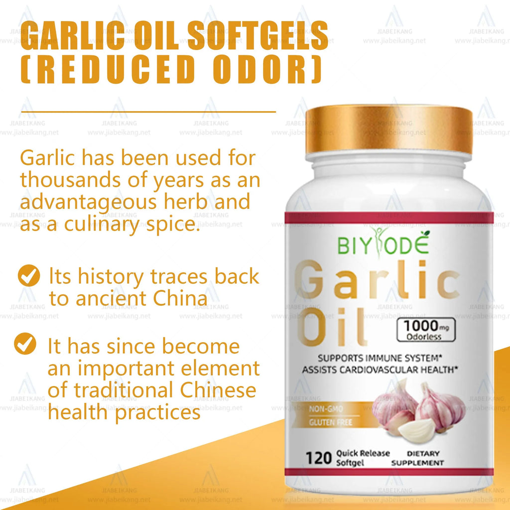 Bottle of Biyode odourless garlic softgel supplement with 60 softgels for heart health and immune support