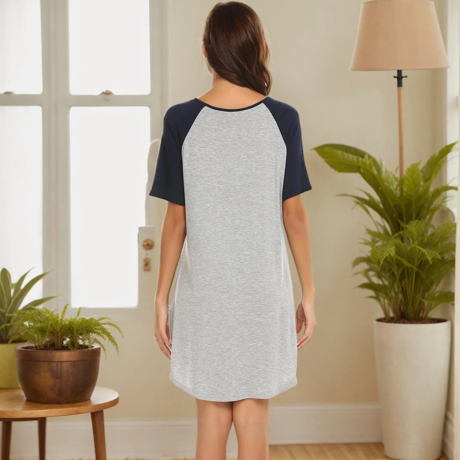 Women's double brushed milk silk nightdress with colour contrast patchwork design in European-American style