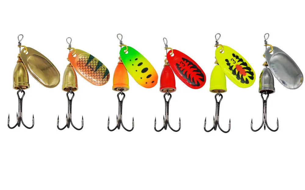 Copper bell fishing lure with rotating sequins in seven colour variations showing gold, red, silver, rose gold, yellow, yellow green, and gold mesh finishes