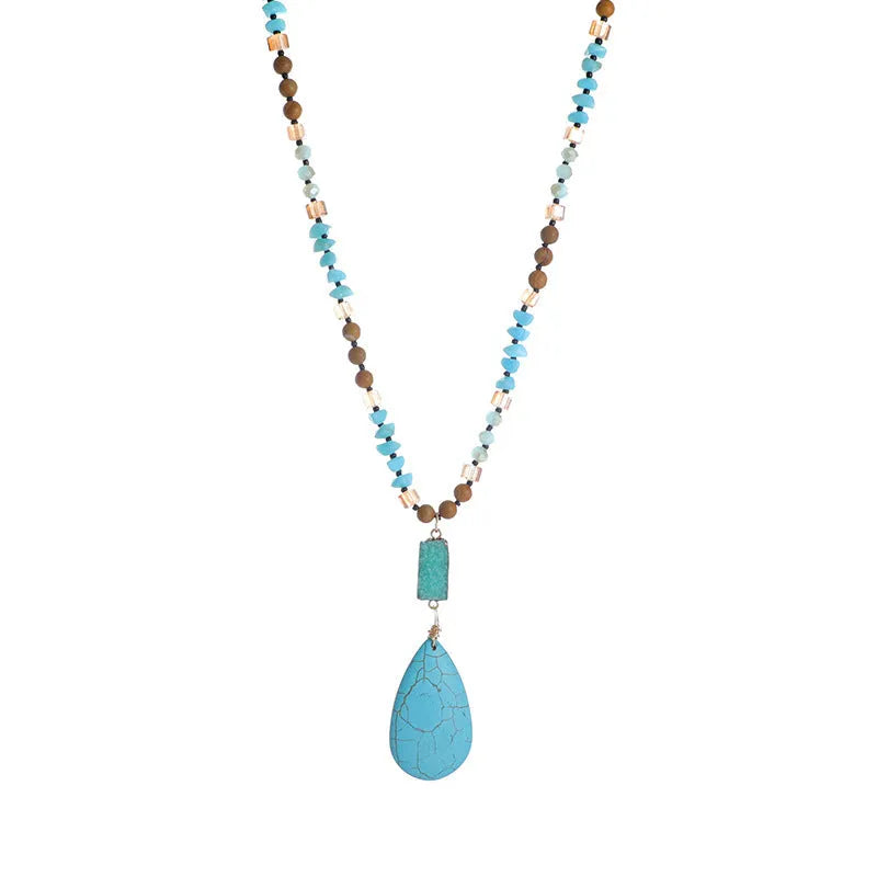 Turquoise water drop pendant necklace with ball bead chain and geometric designs
