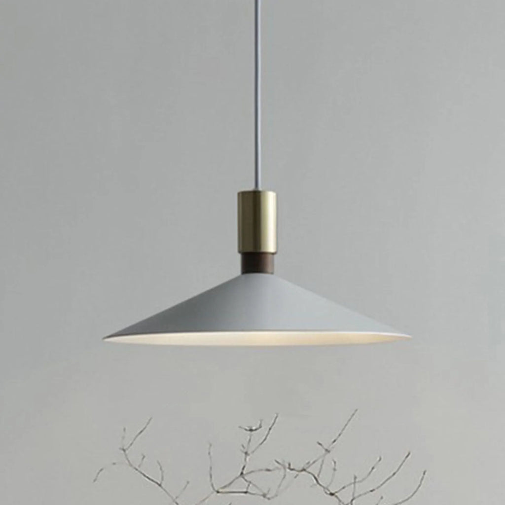 Minimalist single-headed round iron table lamp shown in black, 42cm diameter, hanging above a dining table
