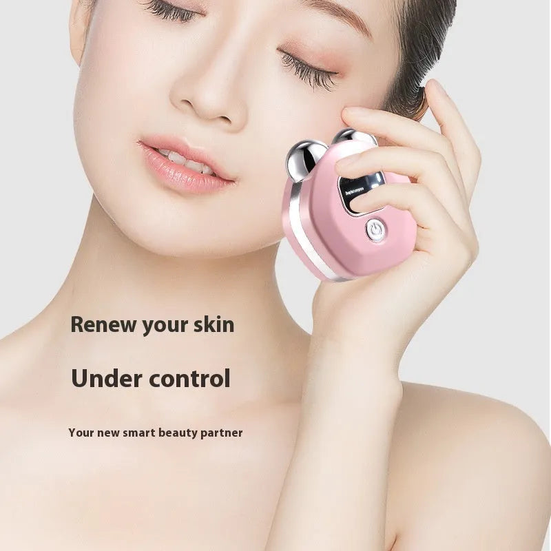 Portable facial massage instrument with hot compress and micro current dual roller in white colour
