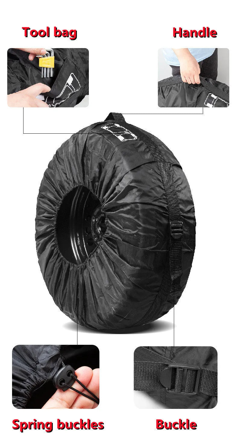 Set of four black Oxford cloth tyre protective covers with red belt closures laid flat.