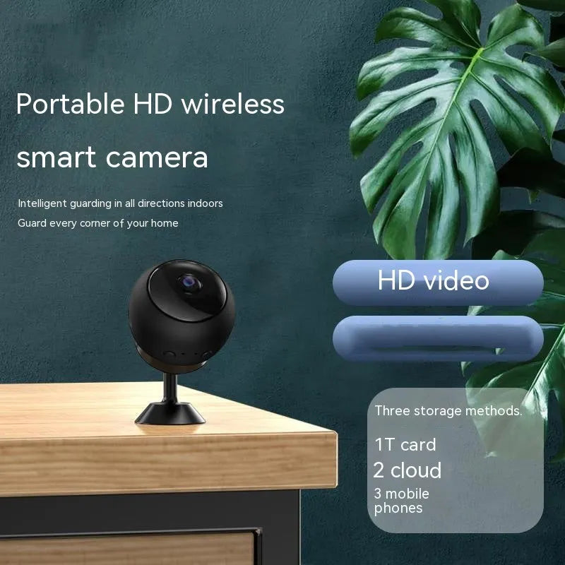 A white 1080p wireless Wi‑Fi security camera for indoor surveillance on a table.