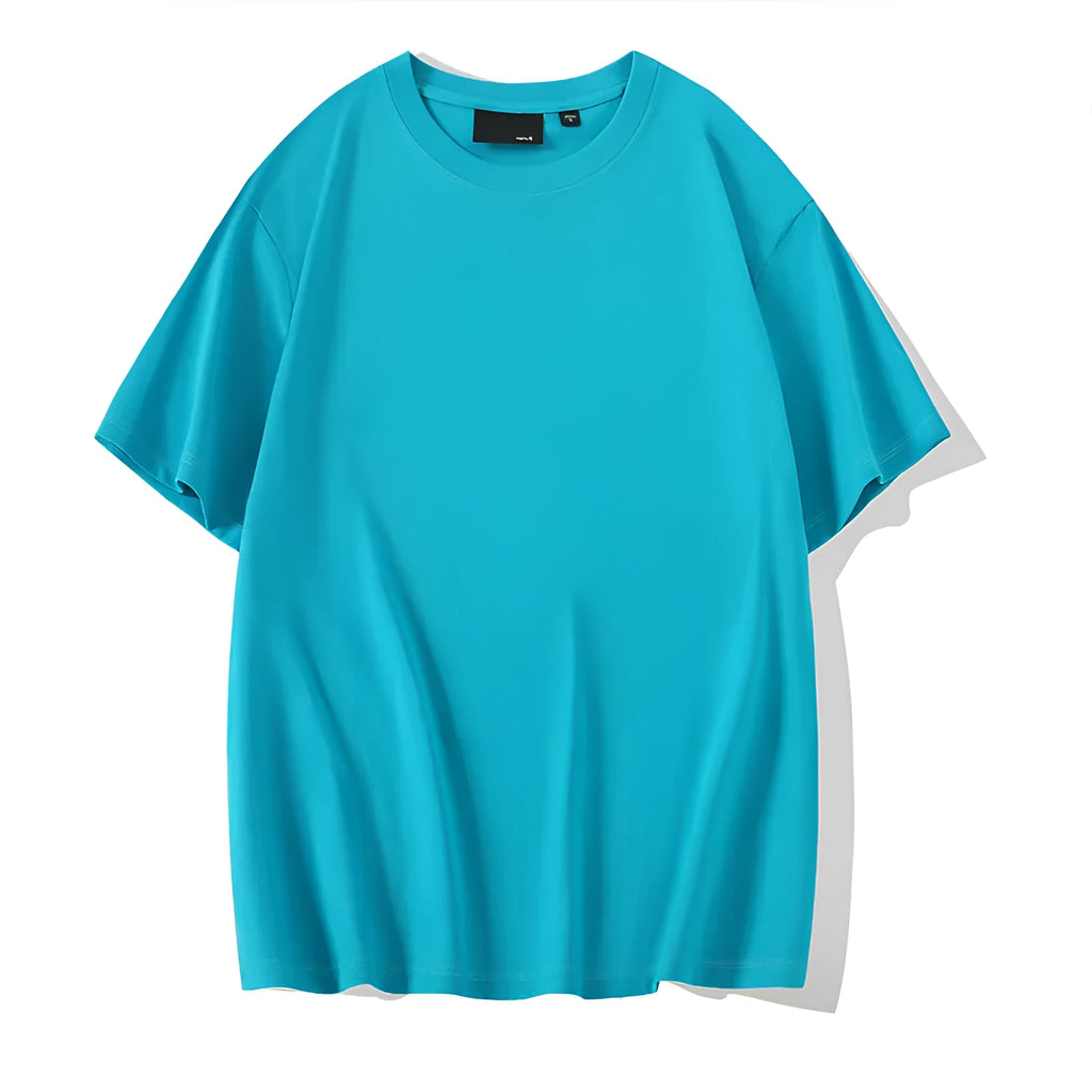 Cotton round neck T-shirt with drop-shoulder sleeves in solid colour options