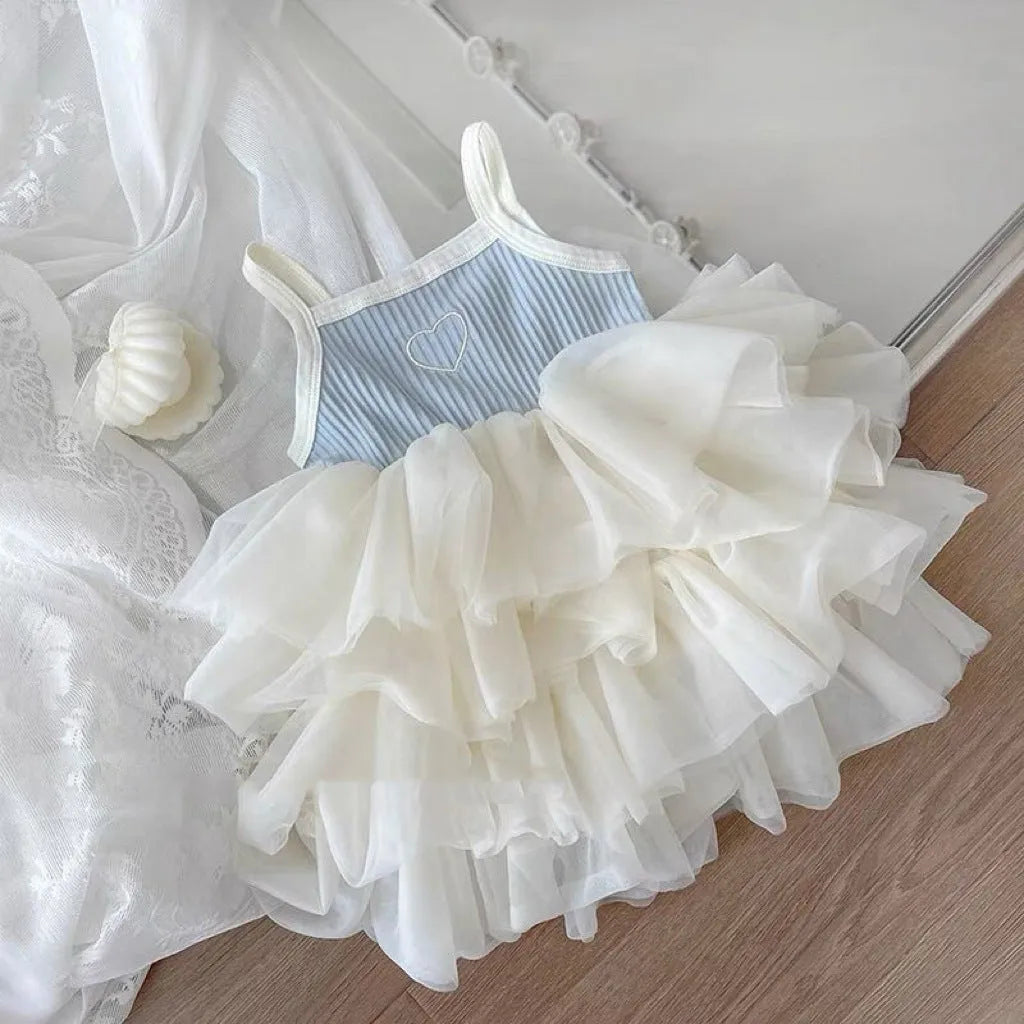 Girl's cotton baby cake dress in light blue love cake print suspender style