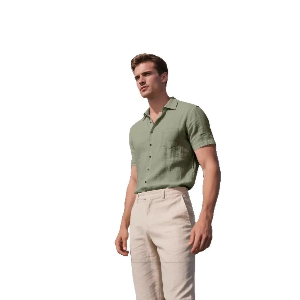 Men's loose fit short sleeve linen shirt in a solid colour, showing cardigan style and casual design.
