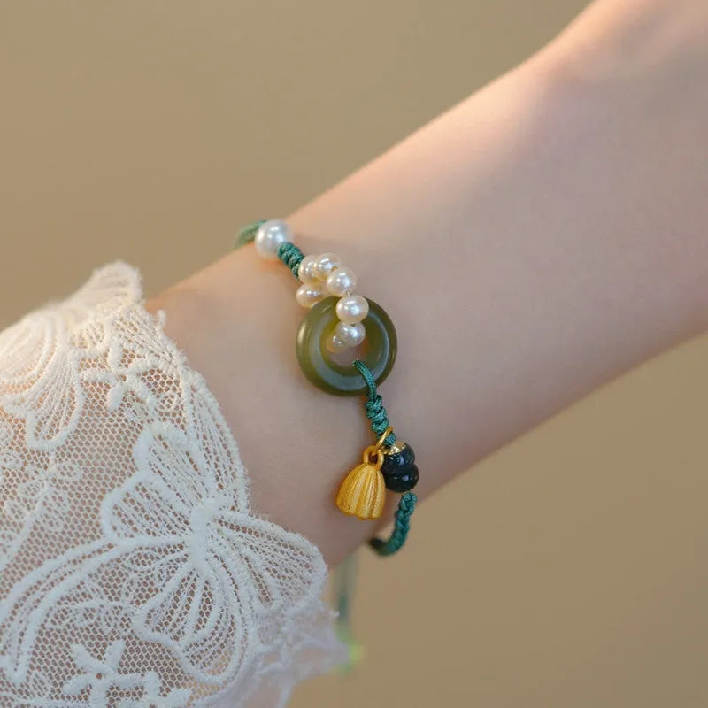 Hand-woven flexible wire watch band bracelet with pearl peace buckle clasp retro women's style
