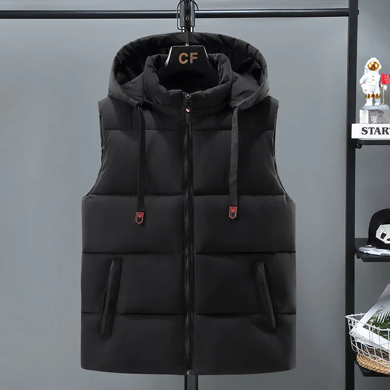 Men's black polyester vest with removable cap showing straight hem design and slant pockets