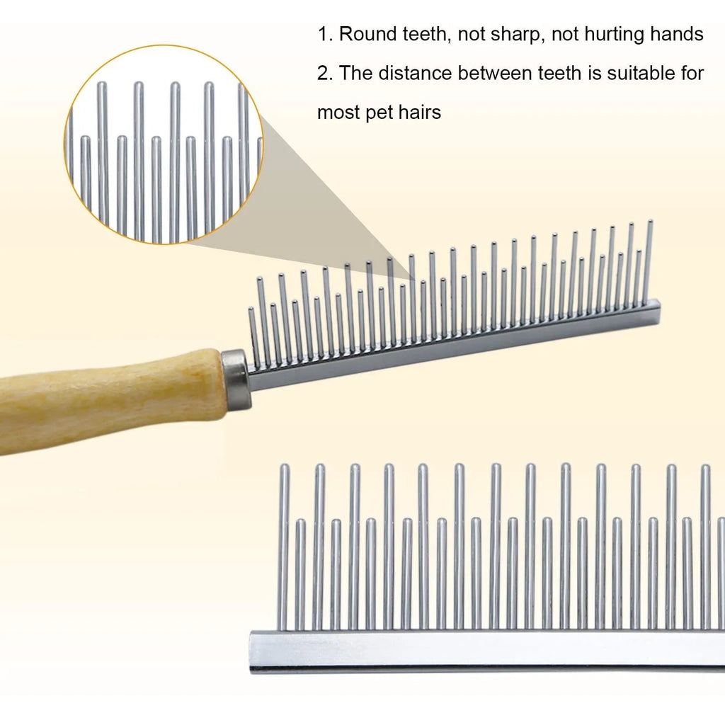 Wooden handle pet grooming comb for dogs and cats showing rounded teeth