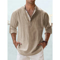 Men's casual cotton linen pullover shirt in khaki with stand collar, loose fit, long sleeves