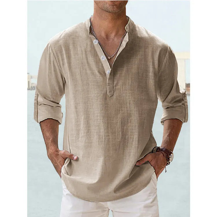 Men's casual cotton linen pullover shirt in khaki with stand collar, loose fit, long sleeves