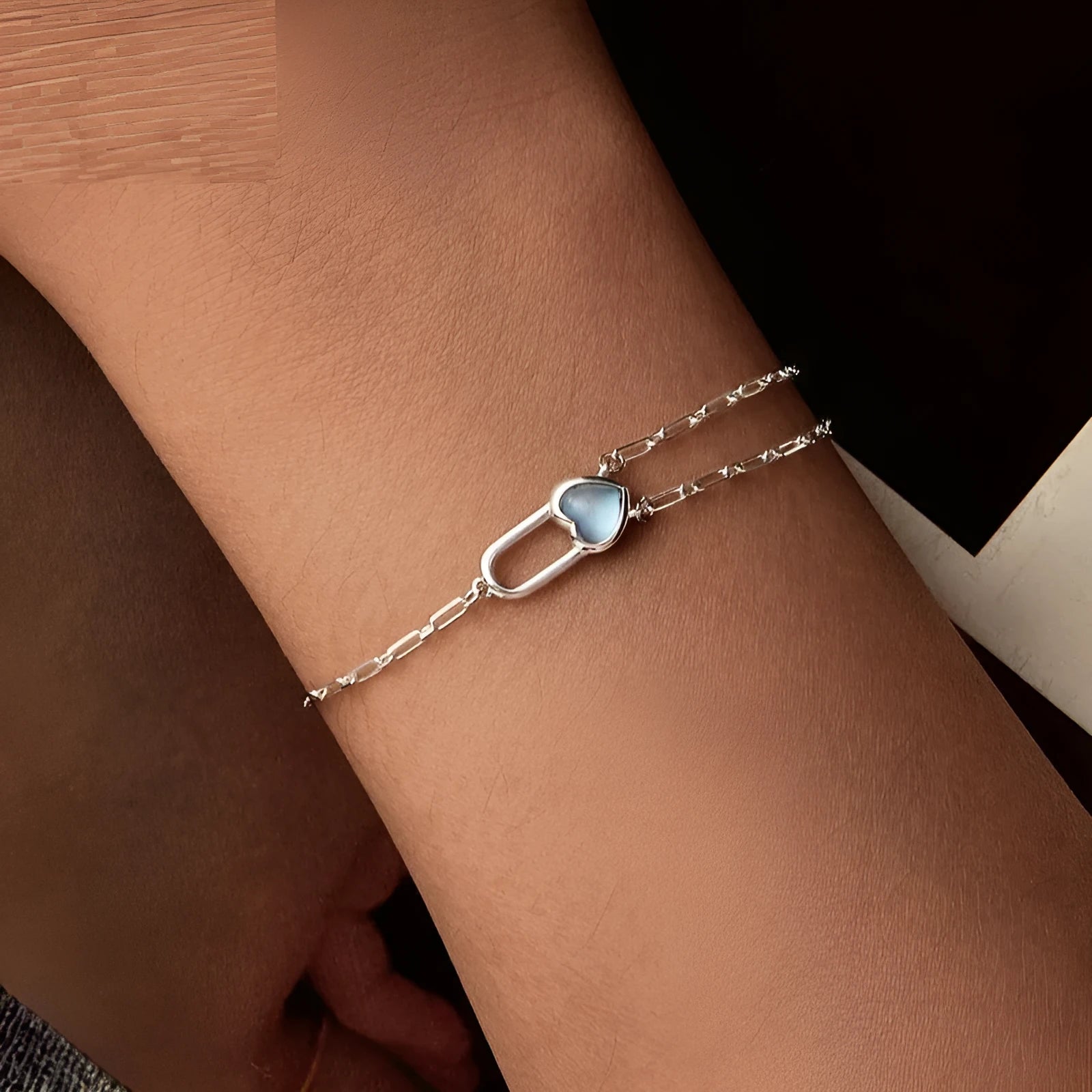 S925 sterling silver heart lock bracelet on display with electroplated finish