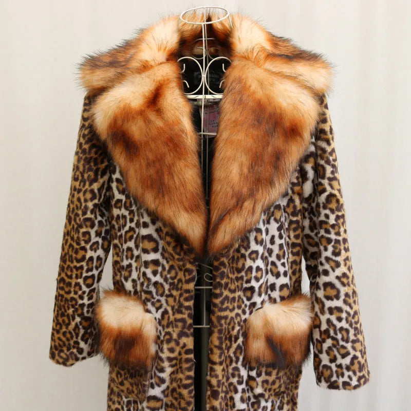 Women's long leopard print faux fur jacket with regular sleeves on a hanger