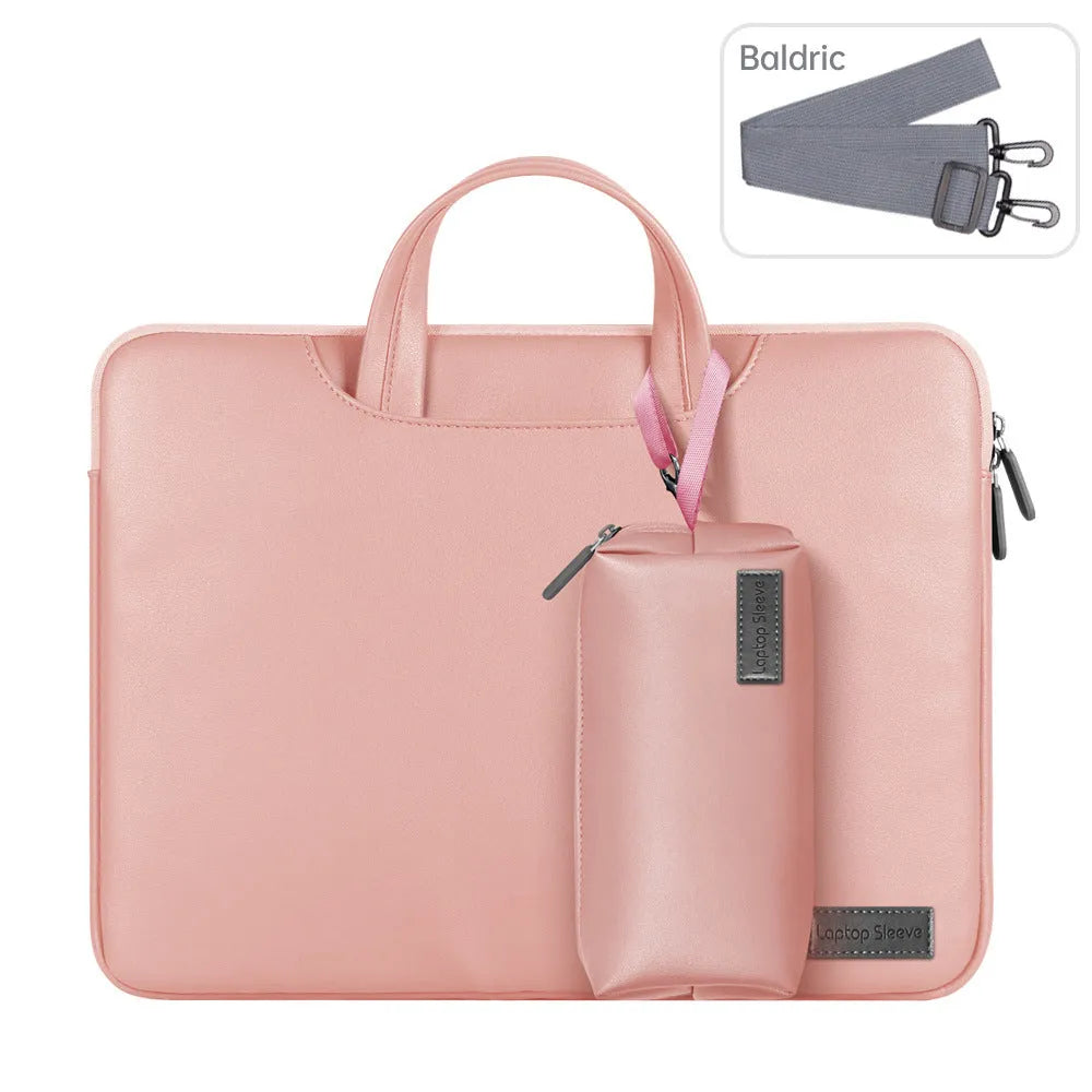 Shockproof laptop bag in black PU material with shoulder strap and accessory bag
