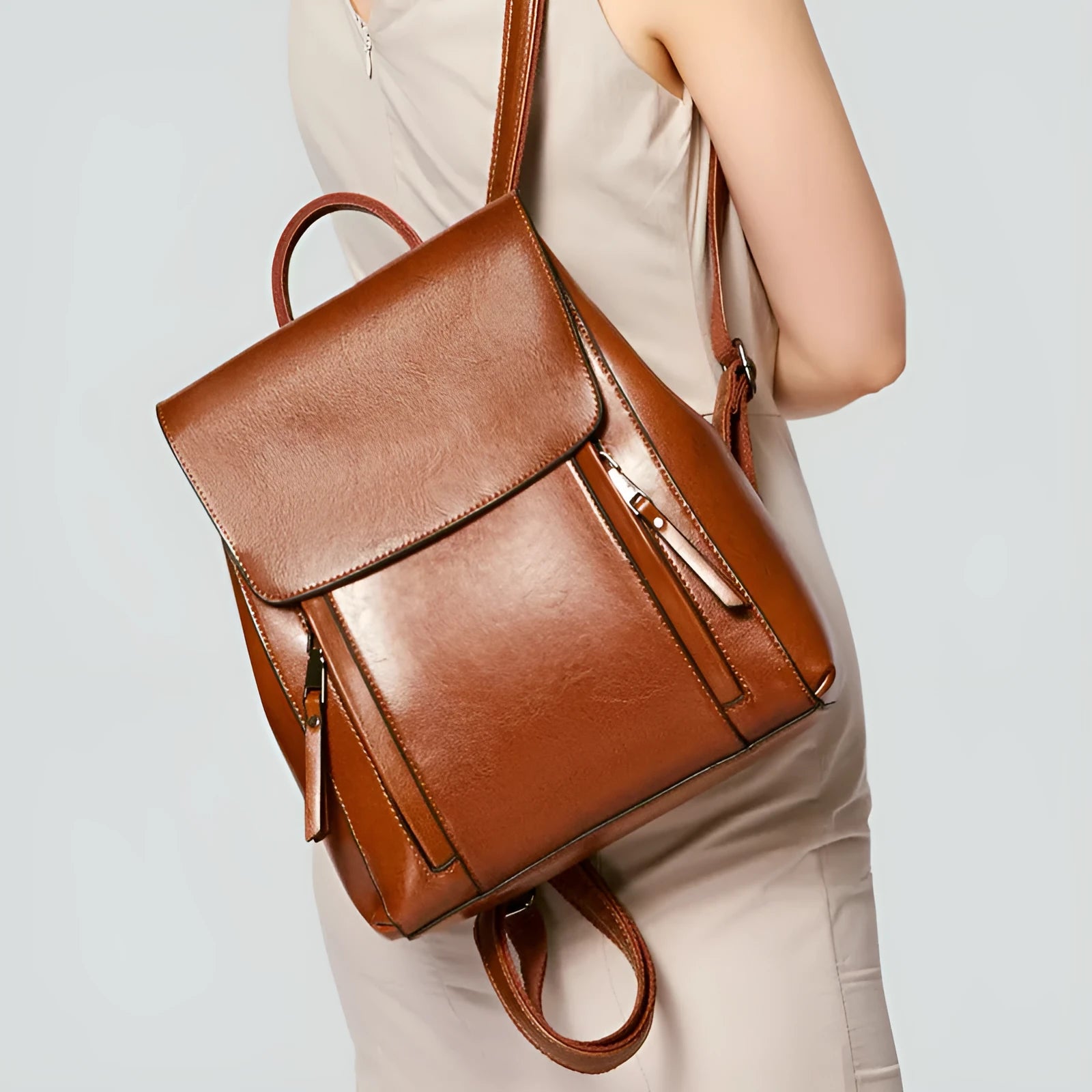 Genuine leather women's backpack in large square vertical design with dual straps
