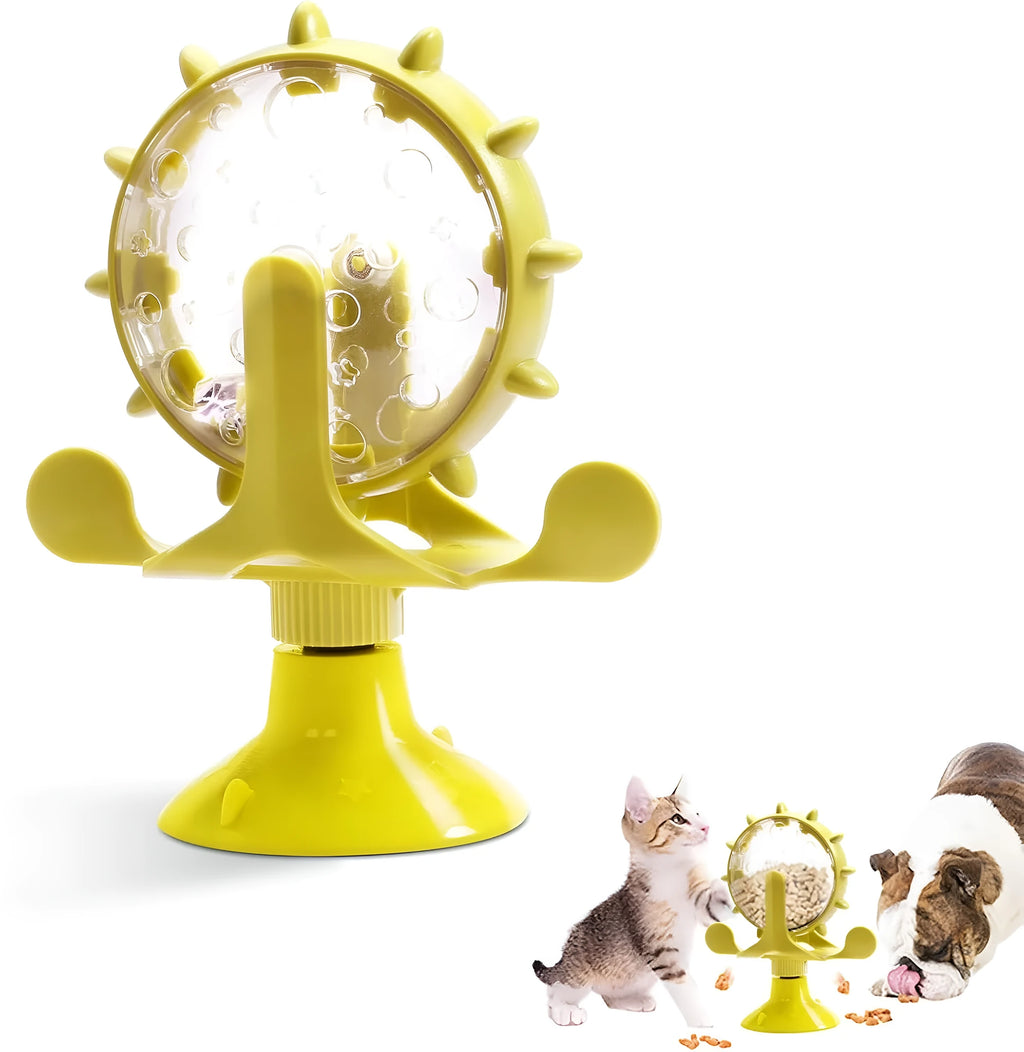 Interactive pet slow feeder toy with spinner design in blue, green, red or yellow colours