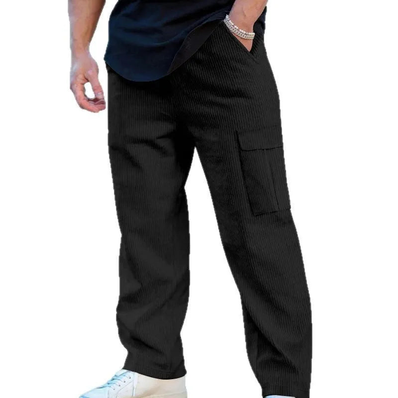 Men's corduroy cargo trousers in loose-fitting wide-leg style with drawstring waist