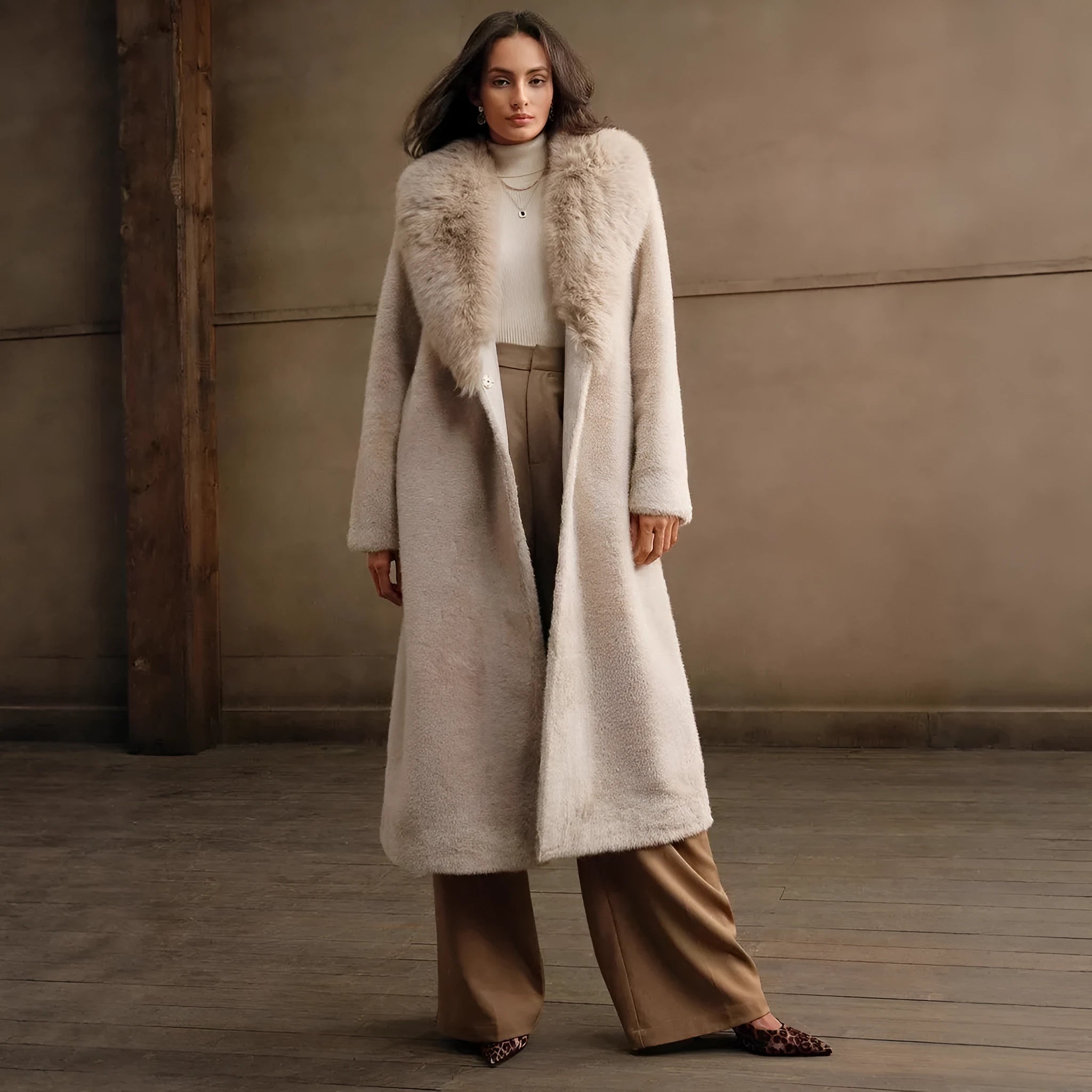 Women's lengthened faux fur coat in camel colour, showing regular sleeves and full-length design.