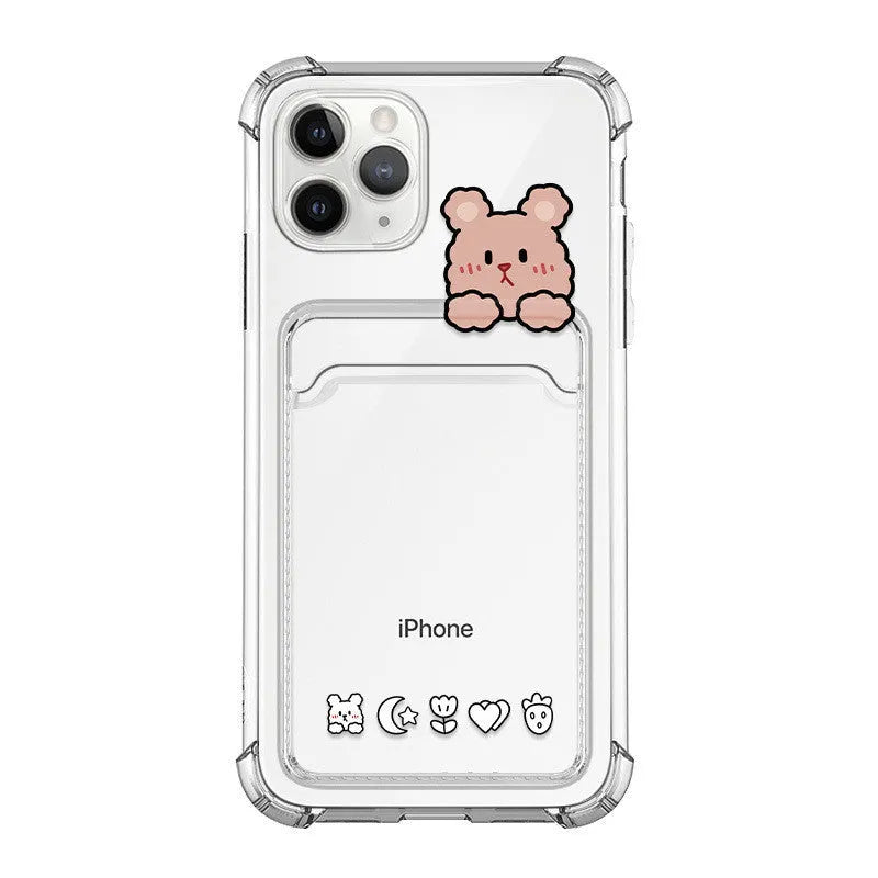 Cartoon design transparent iPhone case with card holder slots on the back.