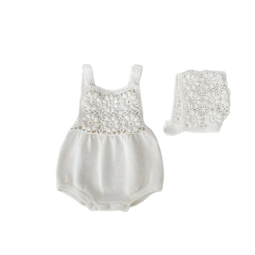 Beige cotton knitted baby romper with removable hood and matching hat, sleeveless triangle jumpsuit for girls