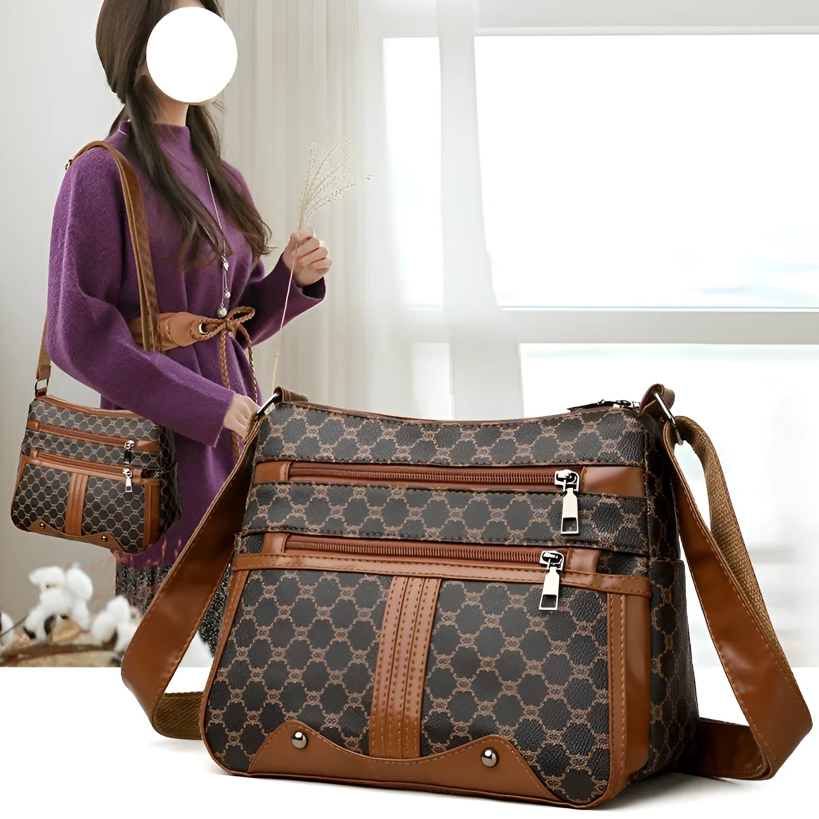 Brown women's crossbody bag with stitching pattern detail and large capacity interior