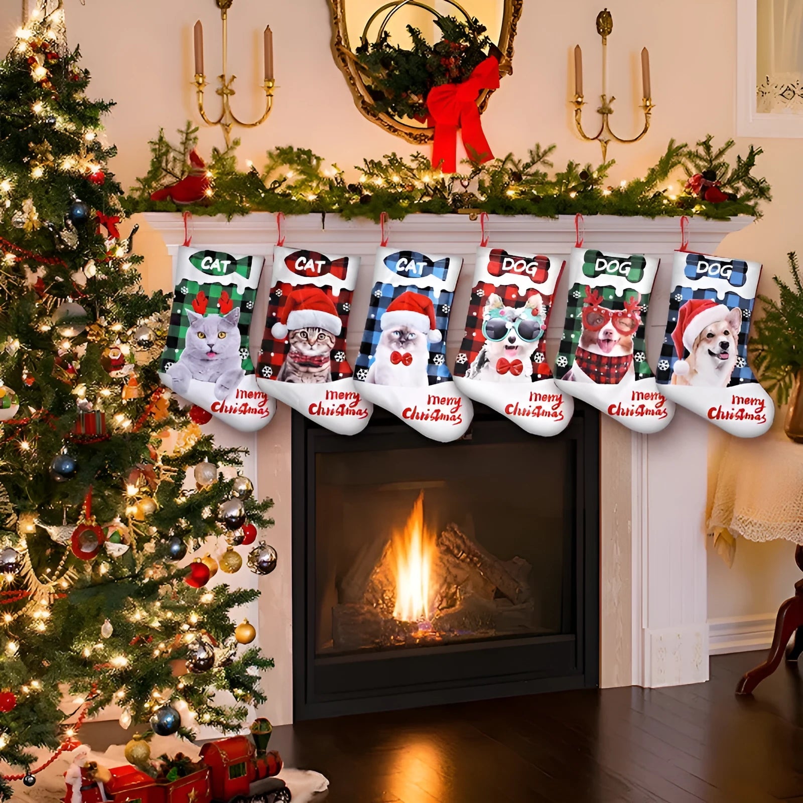 American-style cloth Christmas wall hanging with printed plaid puppy and cat design measuring 26x36cm