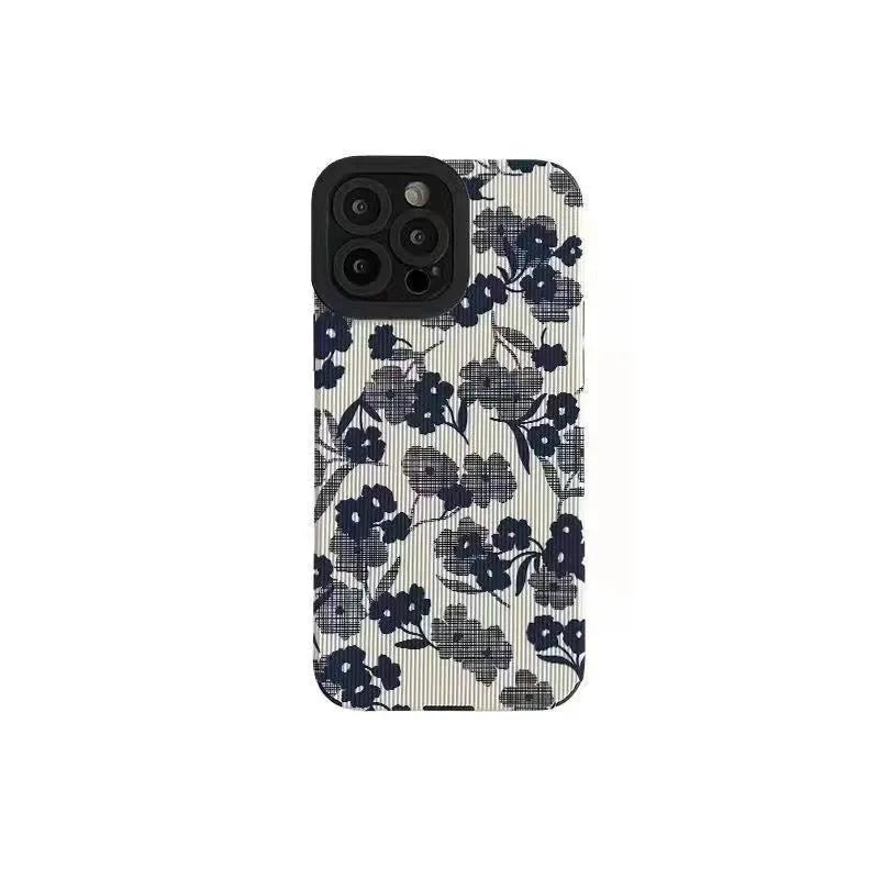 Silicone iPhone case with Chinese-style stripes and geometric patterns on imitation leather