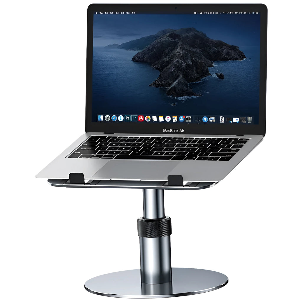 Silver adjustable aluminium alloy laptop stand on a car back seat, showing height adjustment and ventilation holes.