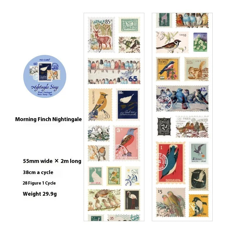 Roll of retro-design stamp stickers for journal decoration, 55mm wide.