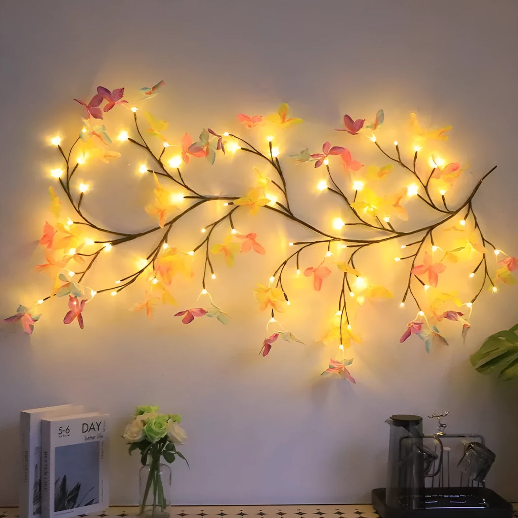 LED butterfly tree rattan lamp with flexible branches and colourised butterfly decorations