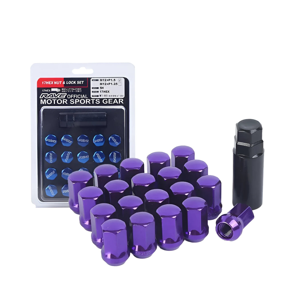 Carbon steel wheel nut set in M12 x 1.5 and M12 x 1.25 with black, red, gold, purple, silver and blue colour options
