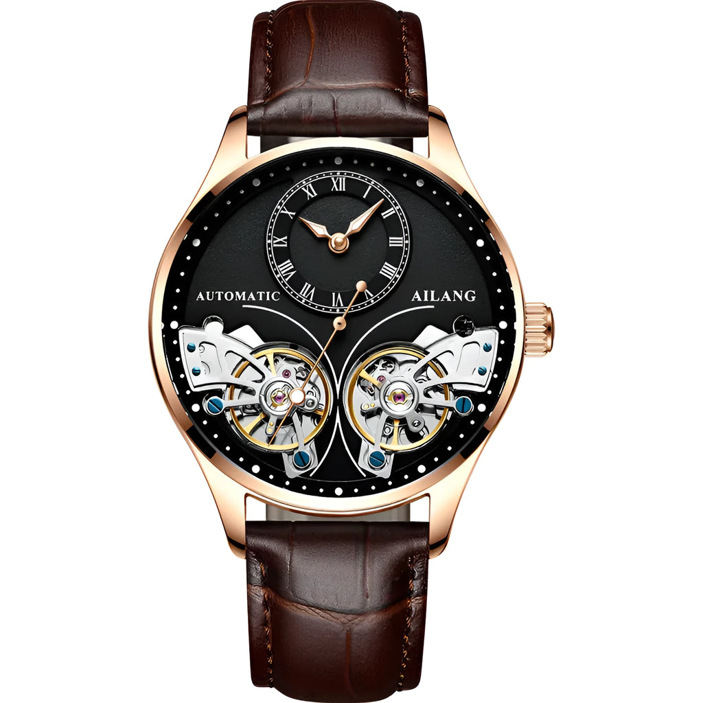 Men's automatic watch with tourbillon and moon phase on a metal case with a black dial.