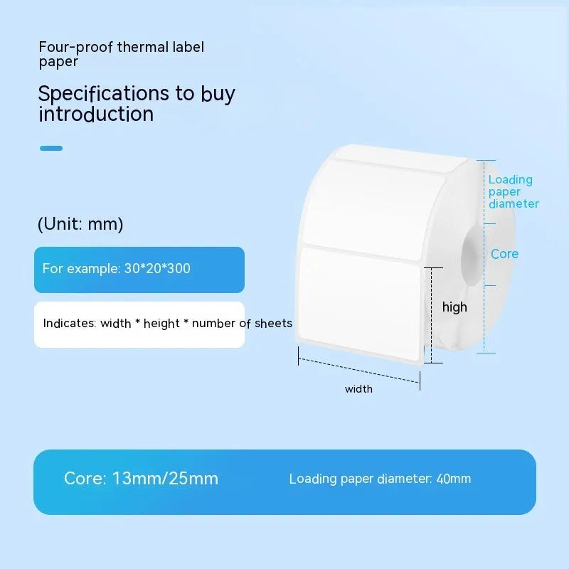 Roll of 40x40mm white thermosensitive paper labels with bright film coating for thermal printing