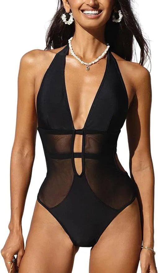 Black women's one-piece swimsuit with v-neck, hanging neck detail and mesh panels