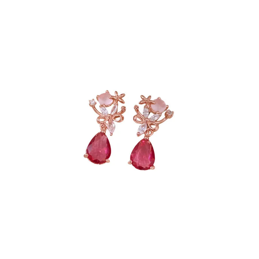 French style silver needle zircon flower drop earrings in rose gold pink on copper base