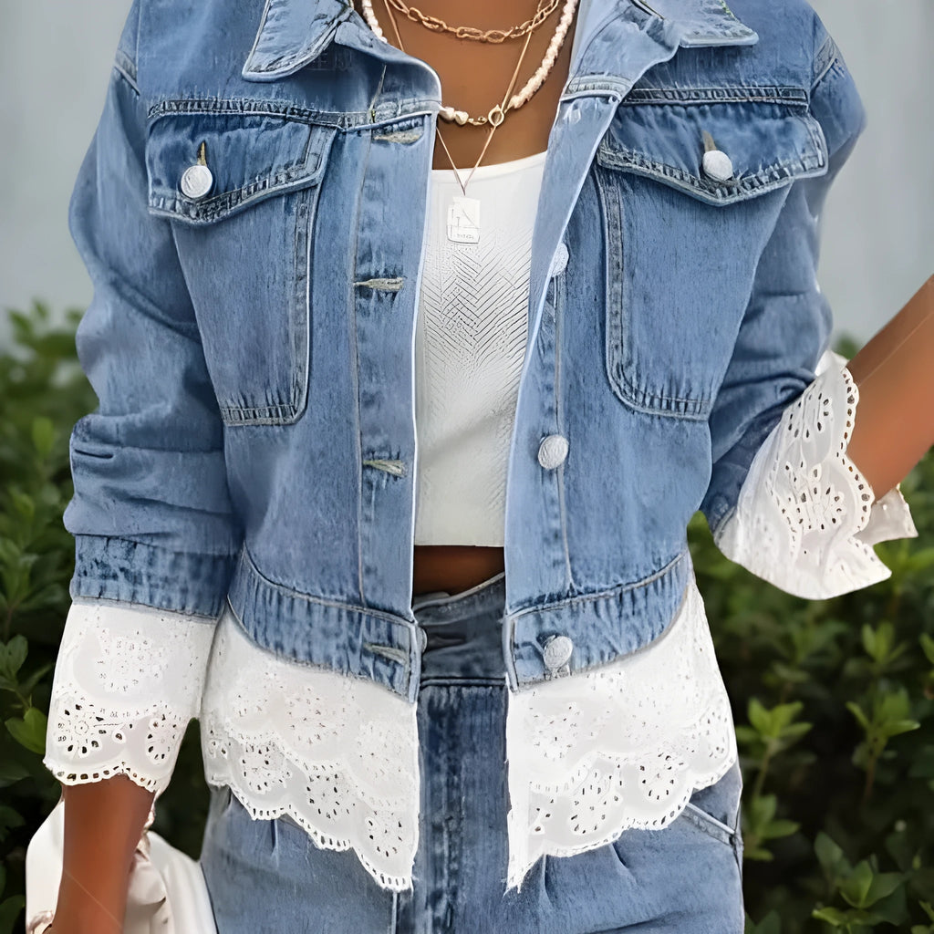 Blue women's denim jacket with lace stitching detailing, long sleeves, available in multiple sizes