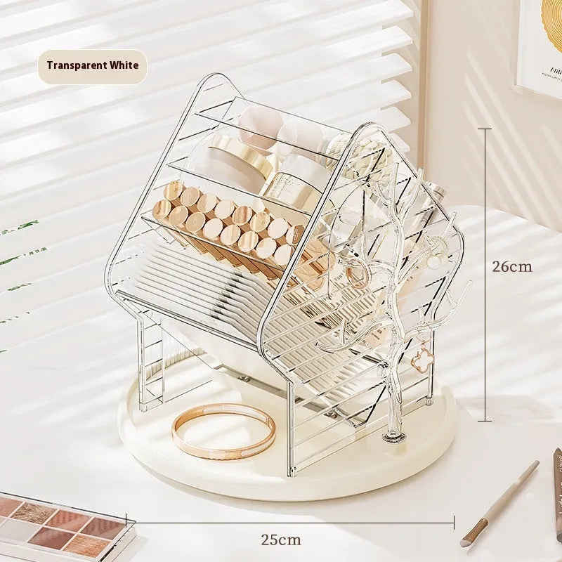 A rotating cosmetics storage box in a luxury style, shown in clear and amber gold colour options.
