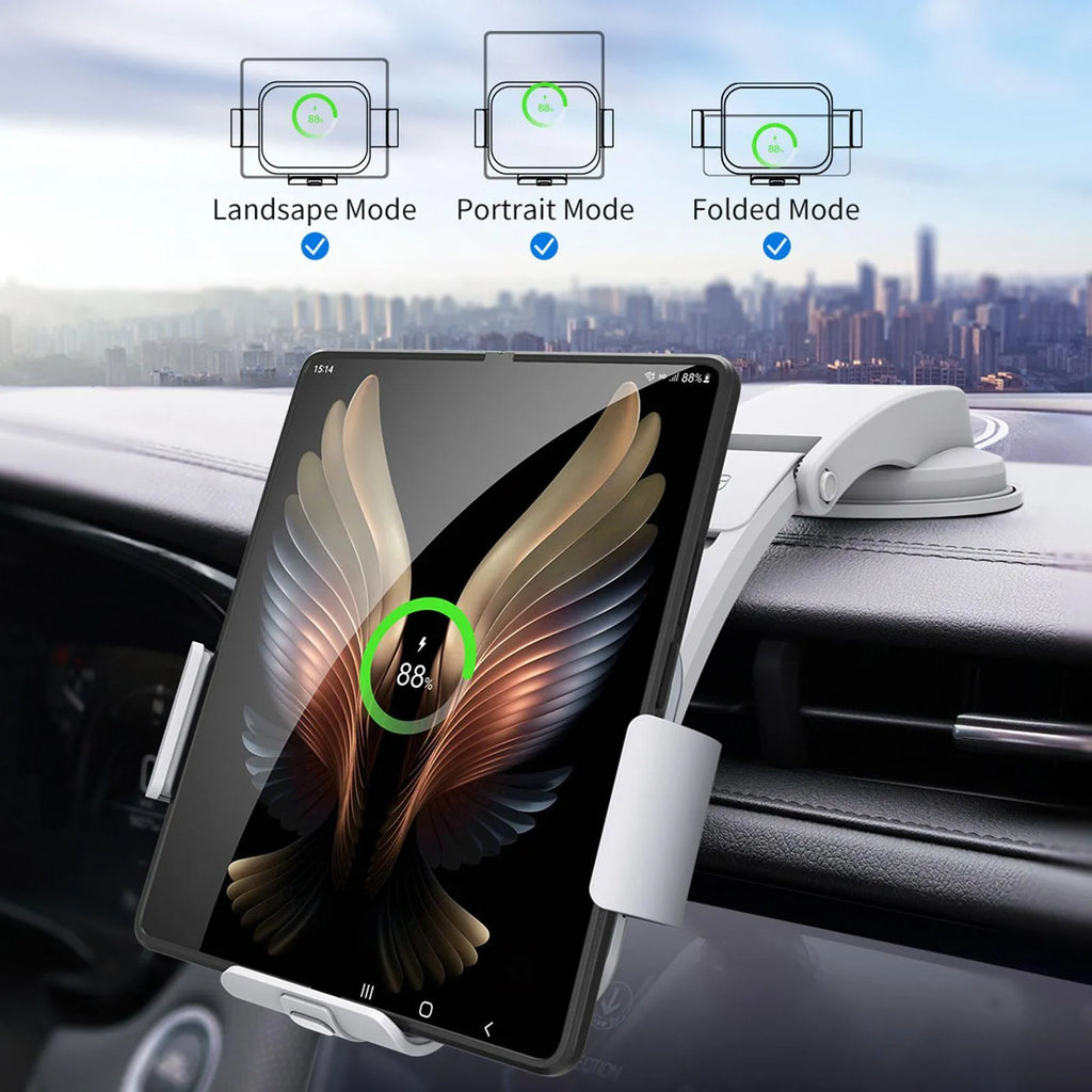 Grey and white car wireless charging phone holder with vent clip and suction cup mount on a dashboard.