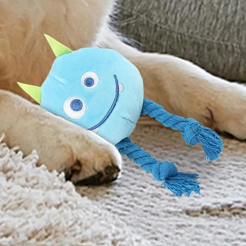 Blue or yellow cotton rope dog squeaky toy with knot design for teething and interactive play