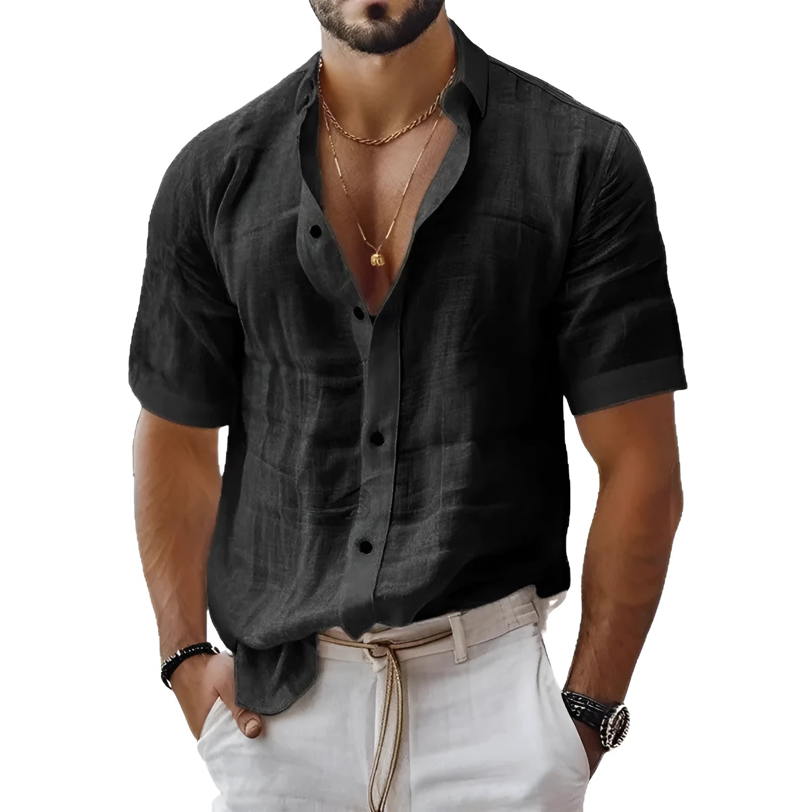 Men's short sleeve lapel shirt in cotton-linen blend with cardigan style open front