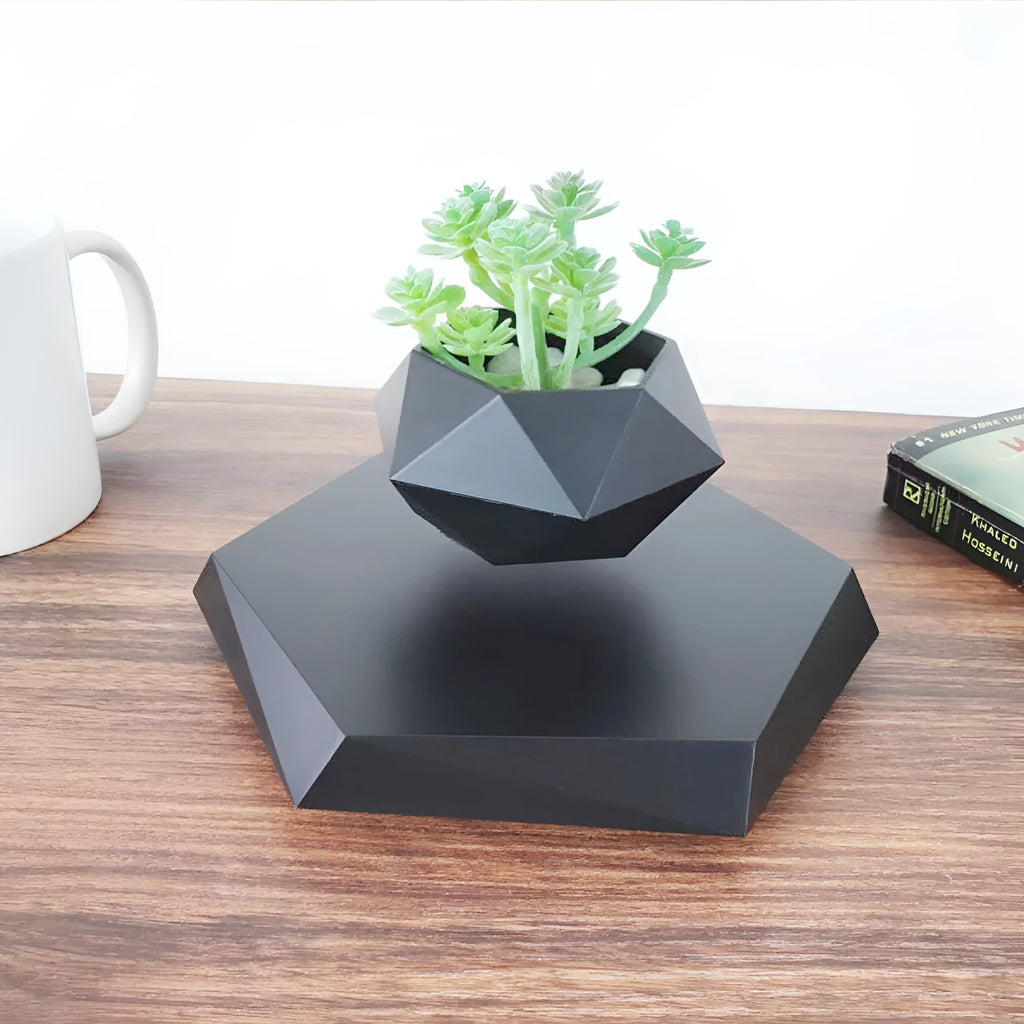 Hexagonal wood grain magnetic levitating flower pot floating above its base with a small air plant inside