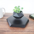 Hexagonal wood grain magnetic levitating flower pot floating above its base with a small air plant inside
