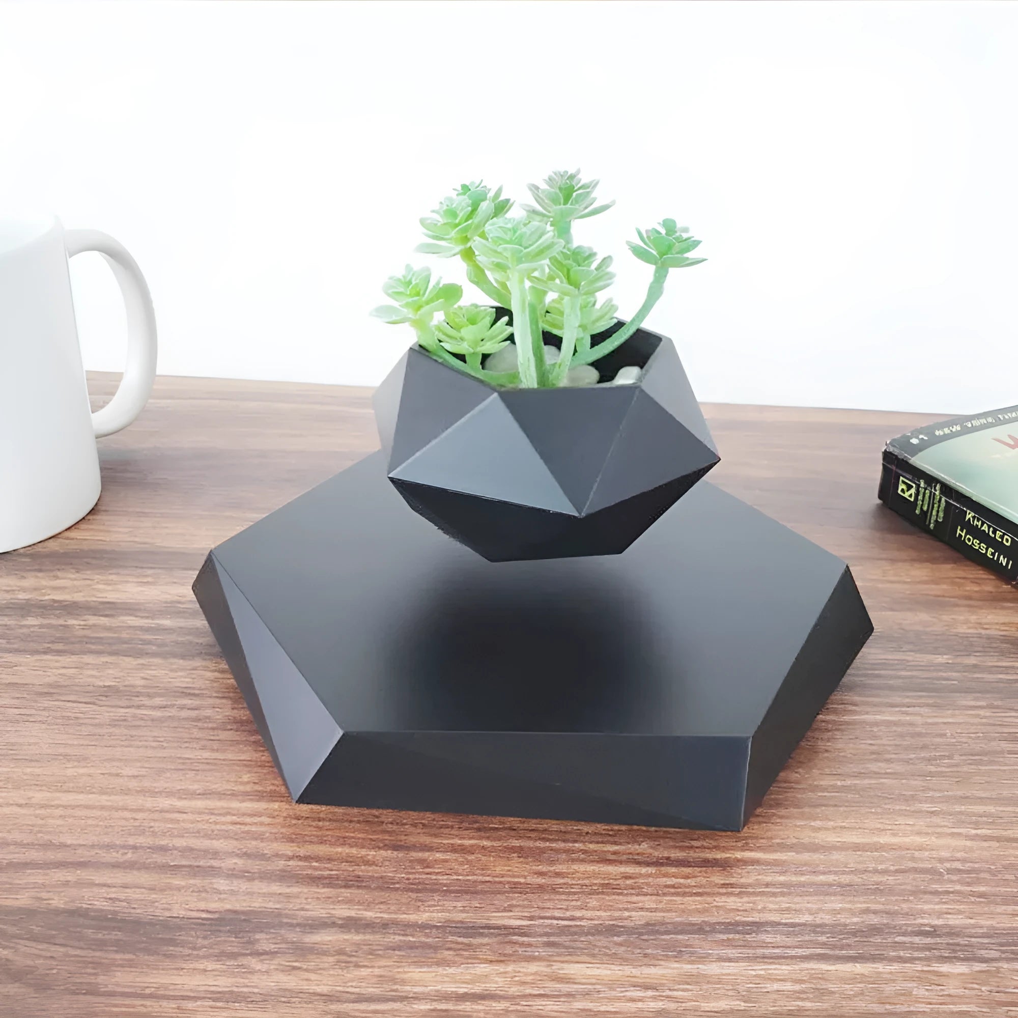 Hexagonal wood grain magnetic levitating flower pot floating above its base with a small air plant inside