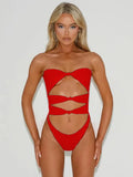Women's nylon one-piece swimsuit with hollow out design, shown in available colours.