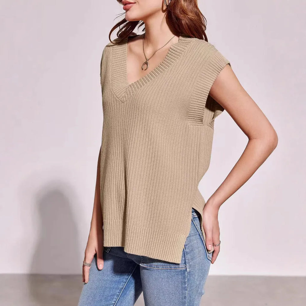 Women's V-neck sleeveless pullover vest in camel colour with striped pattern, loose fit